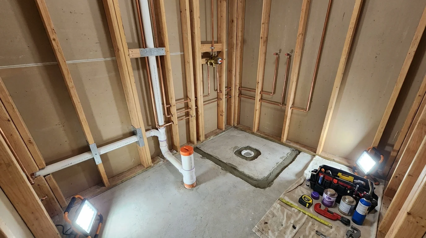 Bathroom rough-in plumbing during remodel by Johns Plumbing LLC in Essex
