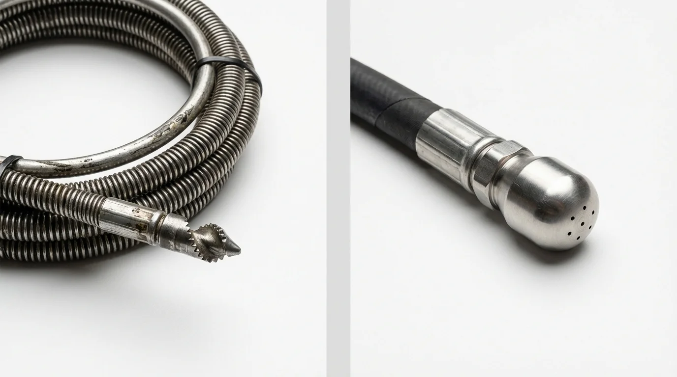 Drain snake cable and hydro jetting nozzle used for drain cleaning in Essex, MD