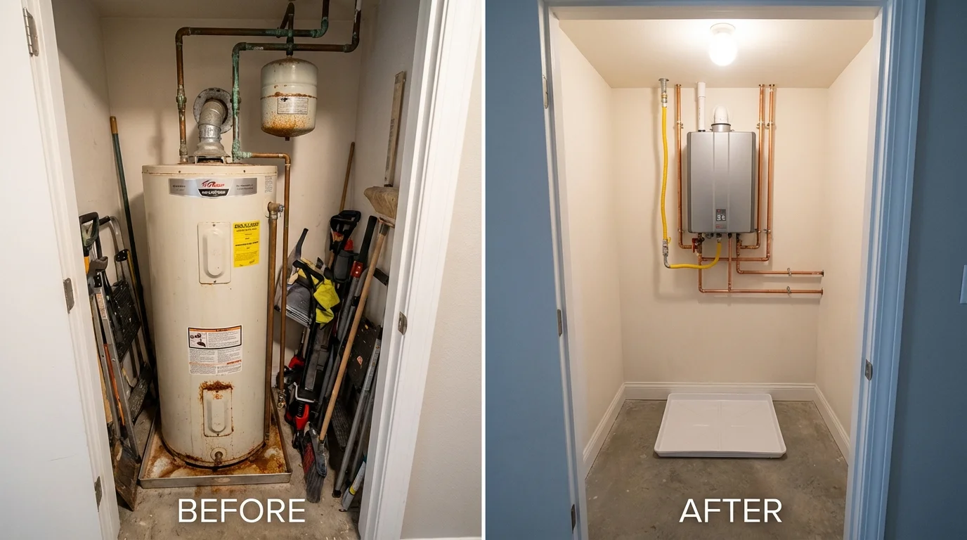 Tank water heater versus wall-mounted tankless unit comparison for Essex, MD homeowners