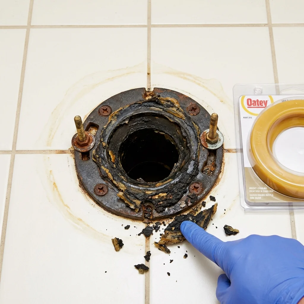 Failed wax ring showing water seepage at the base of a toilet in a Essex, MD home
