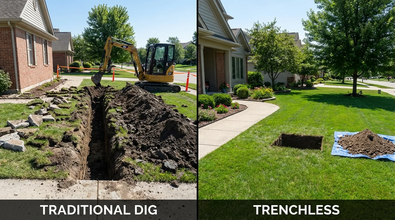 Trenchless sewer repair with minimal yard damage versus traditional excavation in Essex, MD