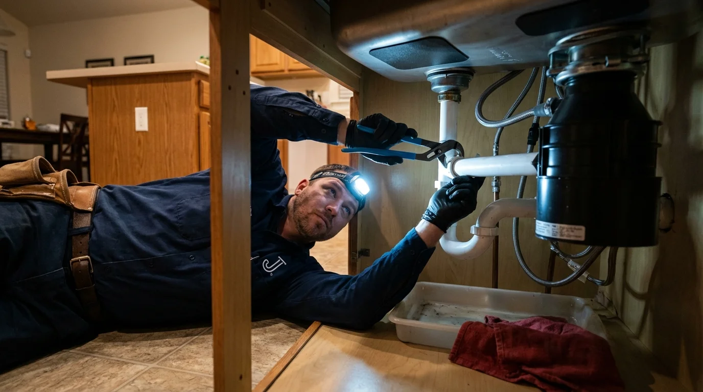 P-trap and supply line connections under a kitchen sink showing a common leak point in Essex, MD